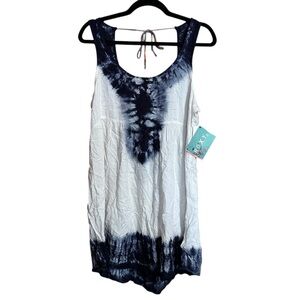 Roxy Cream Navy Blue Tyedye Boho Beach Sleeveless Cutout Back Summer Tunic NWT M